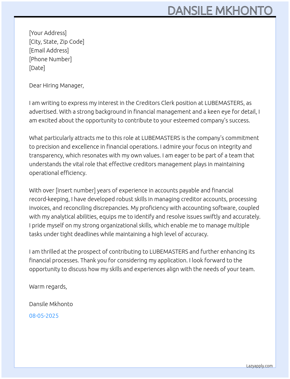 Creditors Clerk At LUBEMASTERS Cover Letter