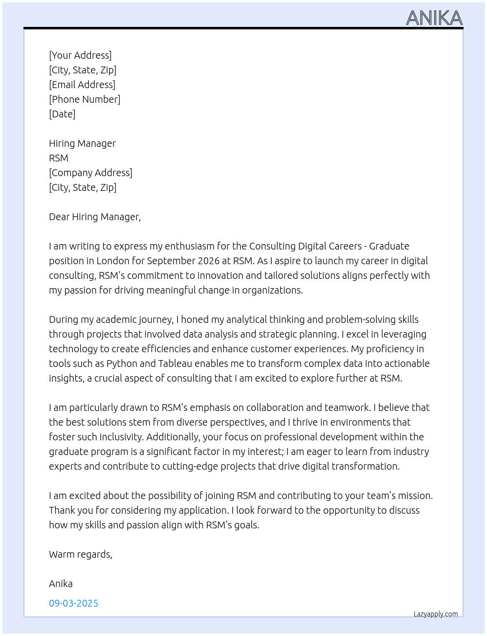 Consulting Digital Careers - Graduate - London - September 2026 At RSM Cover Letter