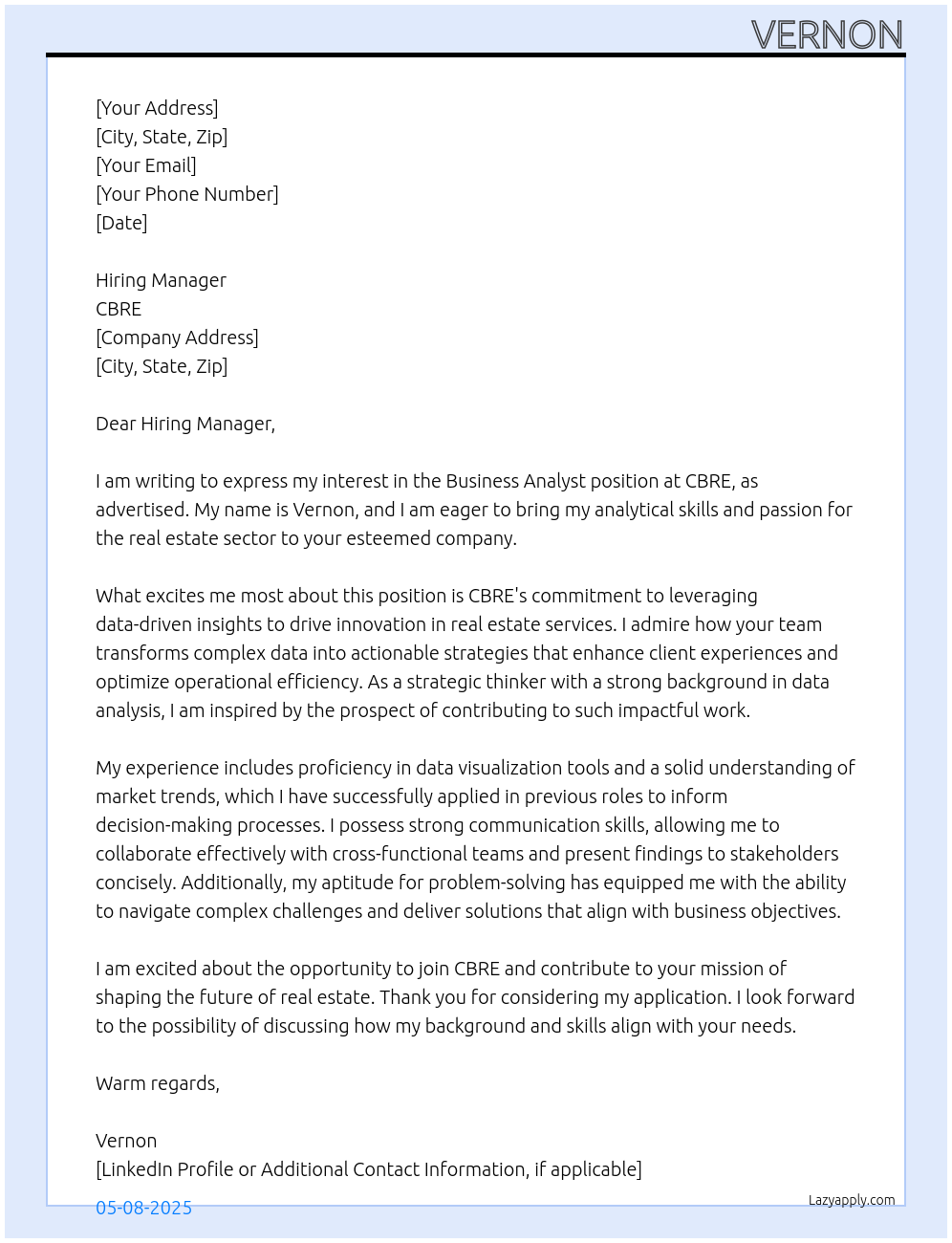 Business Analyst At CBRE Cover Letter