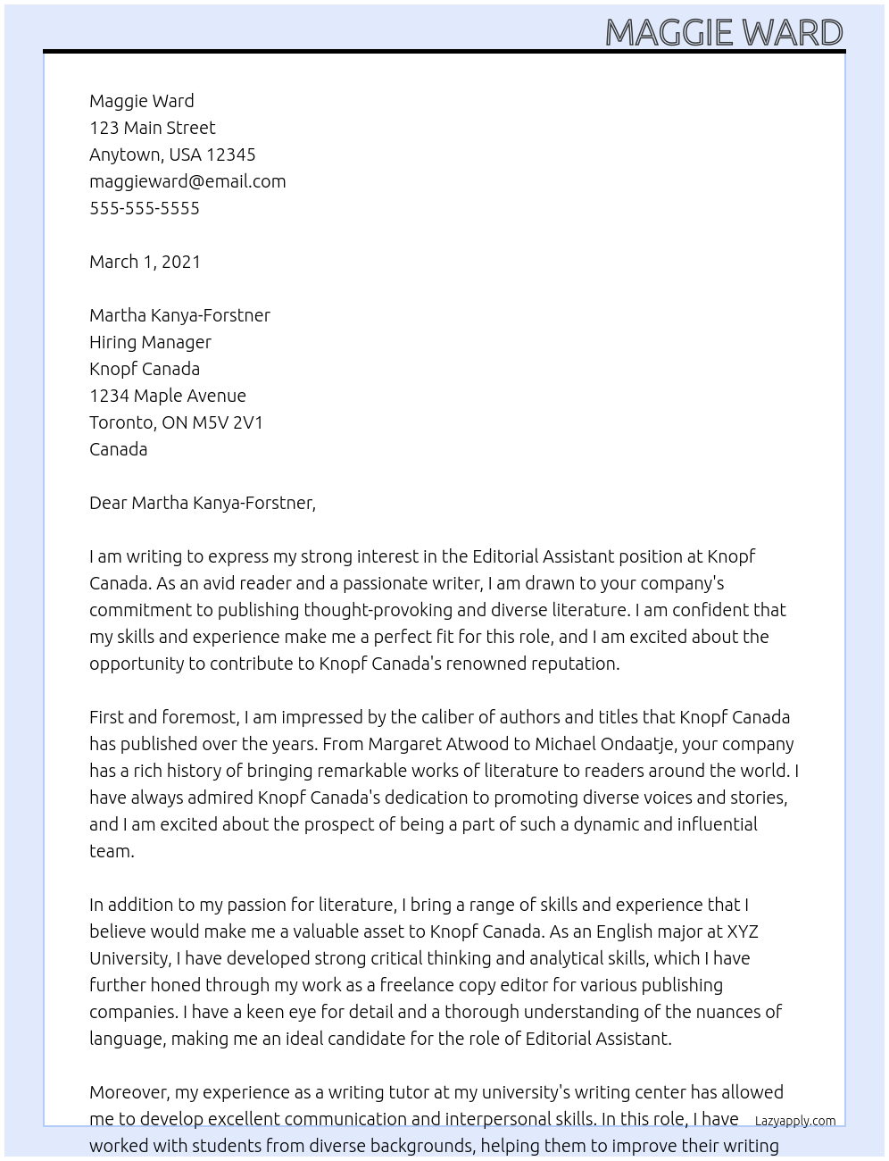 Editorial Assistant At Knopf Canada Cover Letter