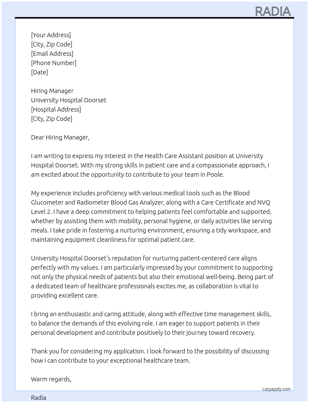 Health Care Assistant  At University Hospital Doorset Cover Letter