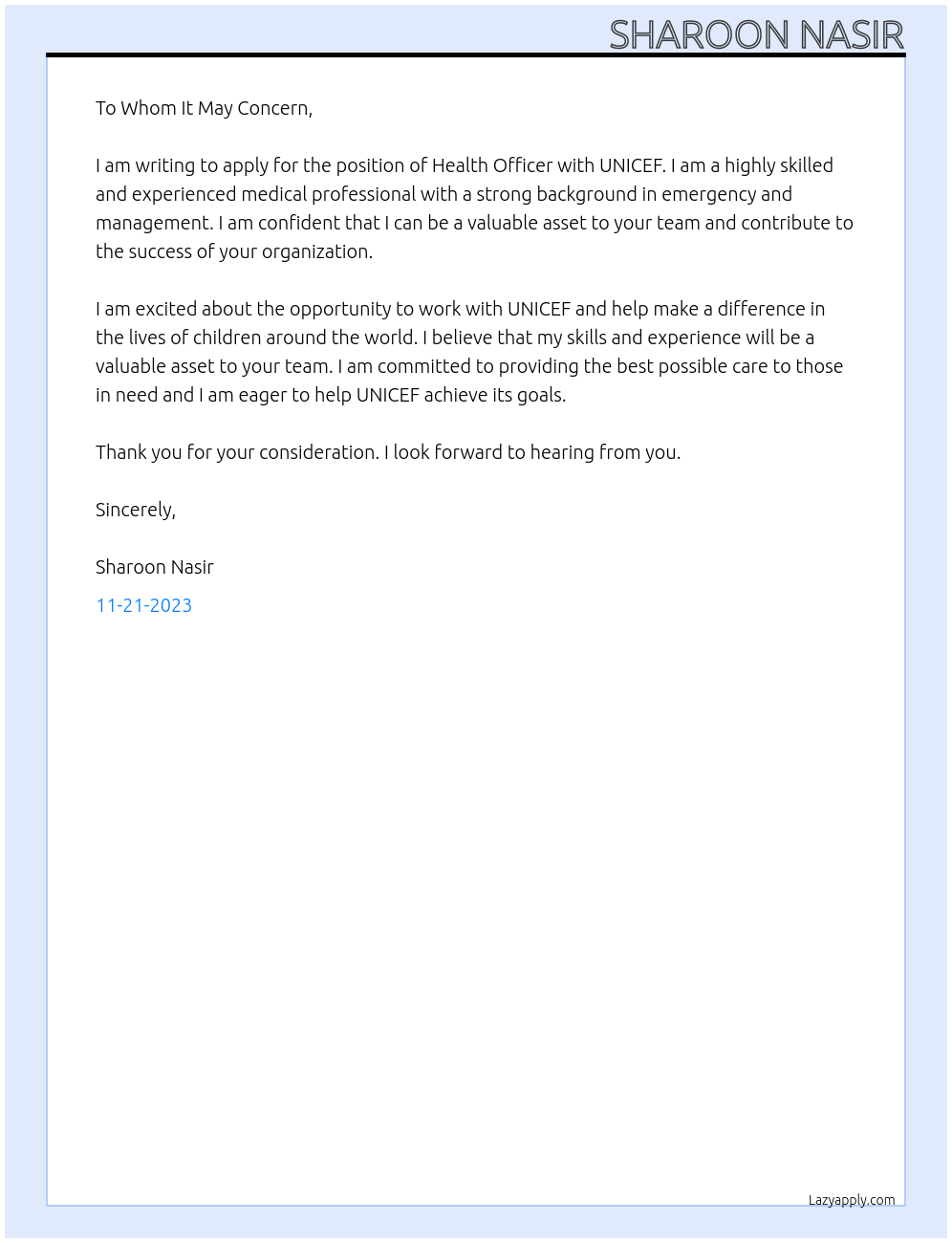 Health Officer At UNISEF Cover Letter