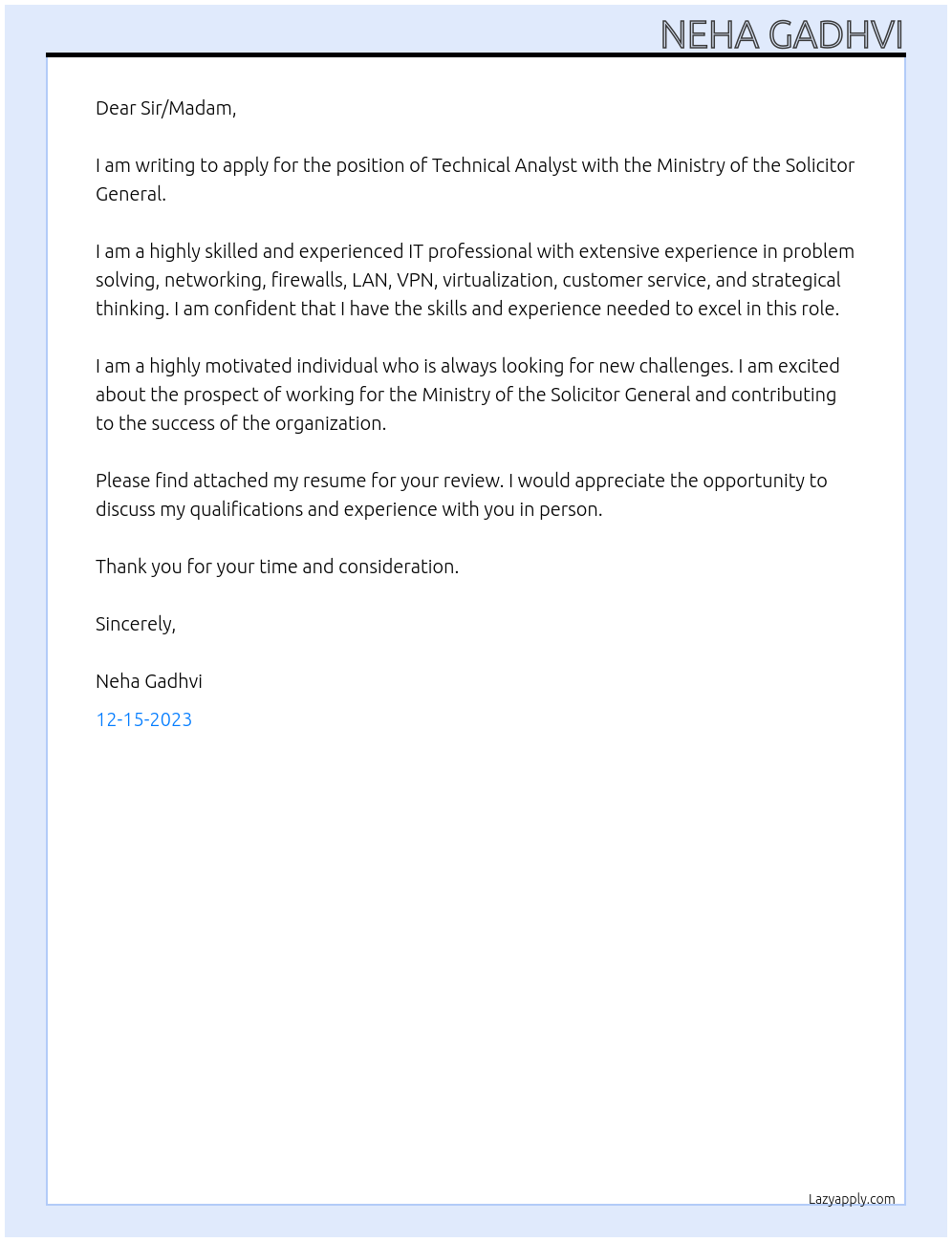 Technical Analyst At Ministry of the Solicitor General Cover Letter