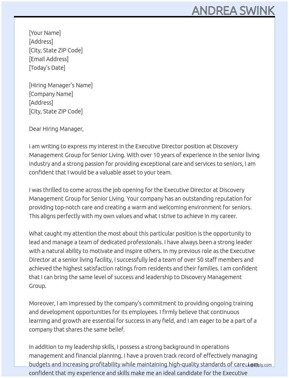 Executive Director At Discovery Management Group for Senior Living Cover Letter