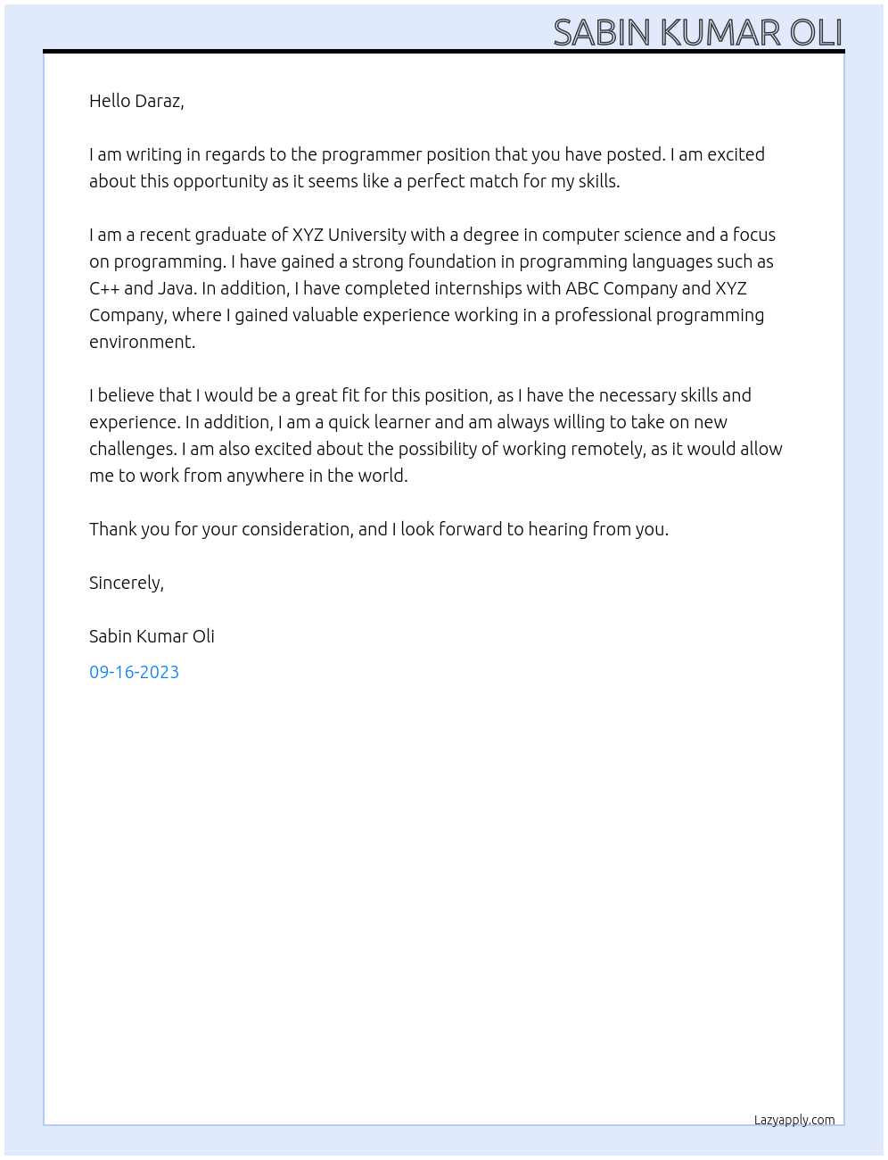Programmer At Daraz Cover Letter