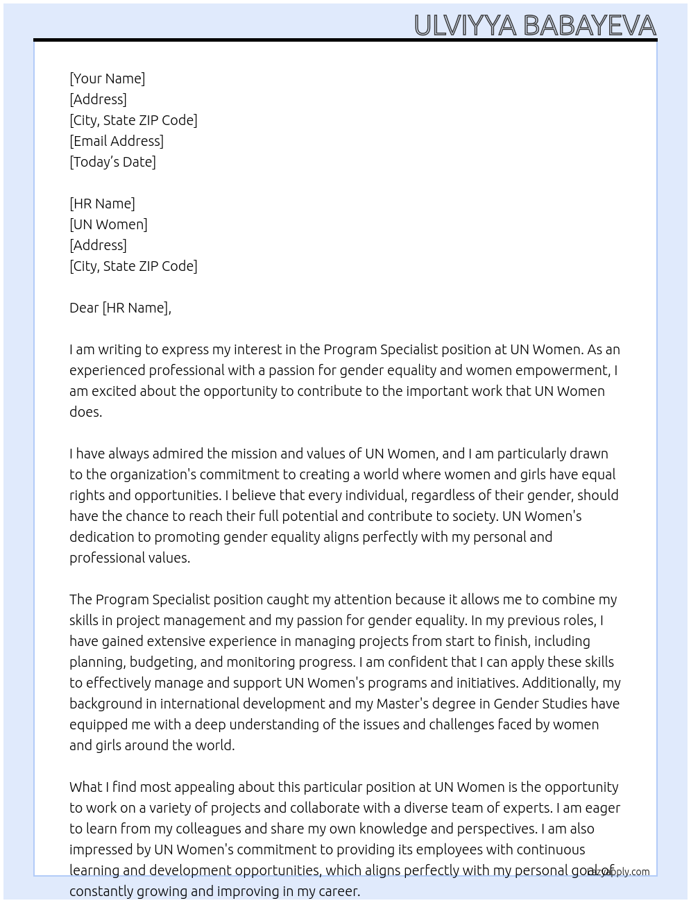 Program specialist At UN Women Cover Letter