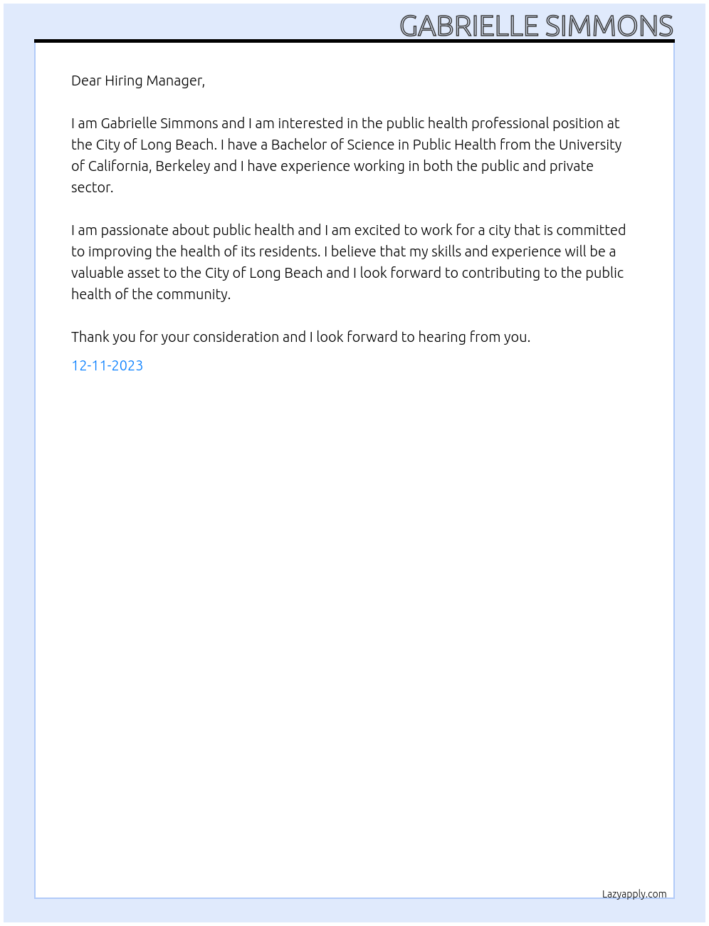 public health professional  At City of Long Beach  Cover Letter