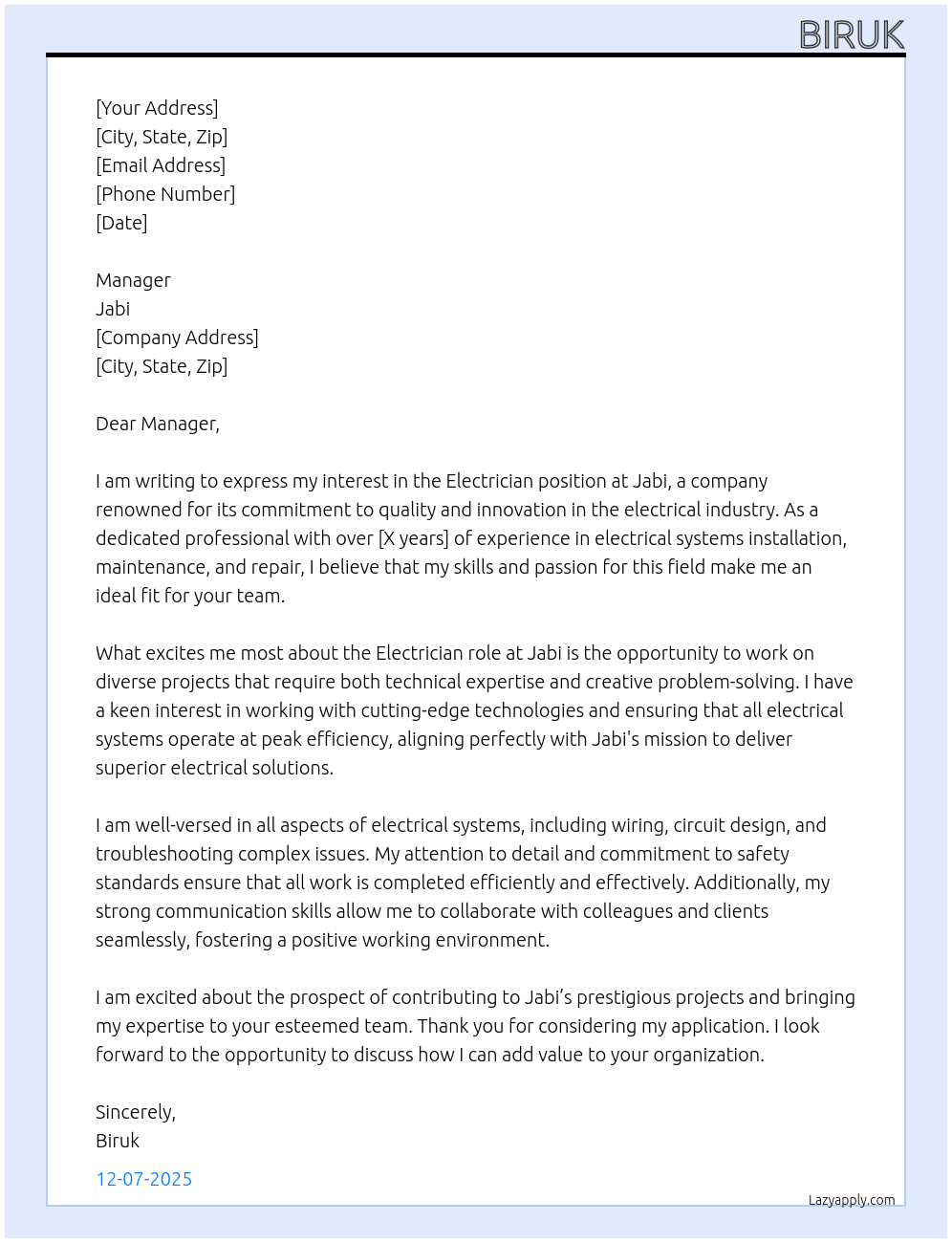 Electrician At Jabi Cover Letter