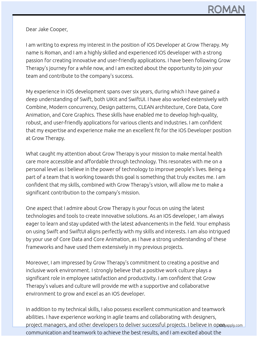 iOS Developer At Grow Therapy Cover Letter