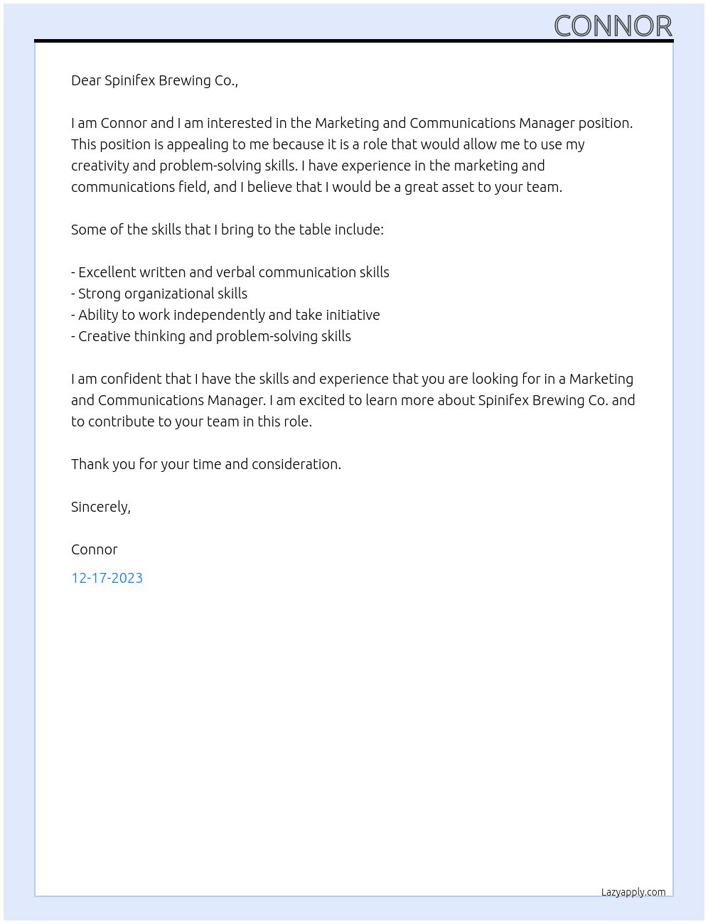 Marketing and Communications Manager At Spinifex Brewing Co. Cover Letter