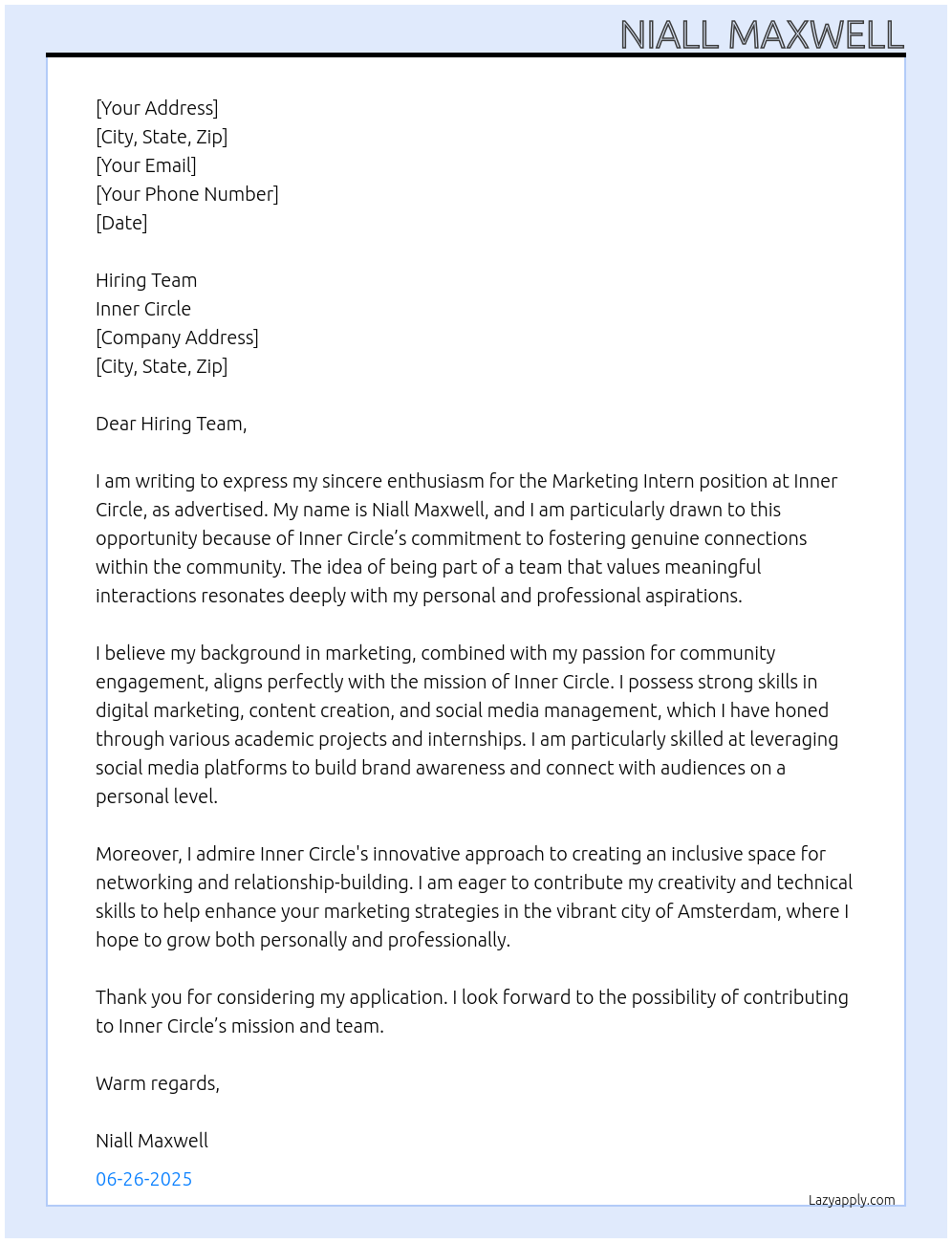 Marketing Intern At Inner Circle Cover Letter