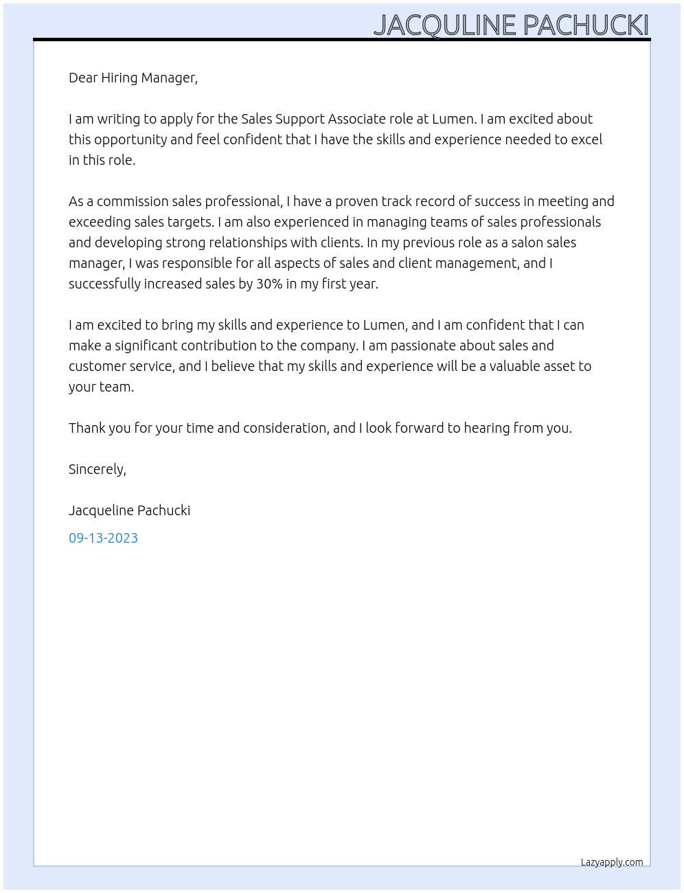 Sales support associate At Lumen Cover Letter