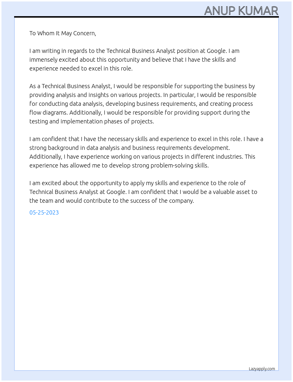 Technical Business Analyst At google Cover Letter