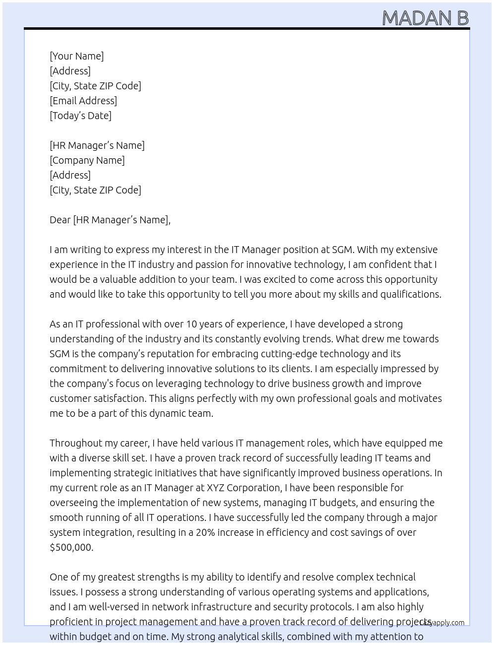 IT manager At SGM Cover Letter