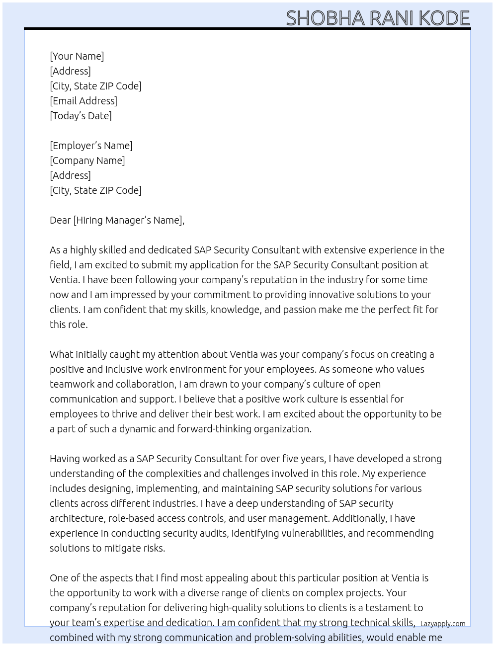 SAP Security Consultant At Ventia Cover Letter