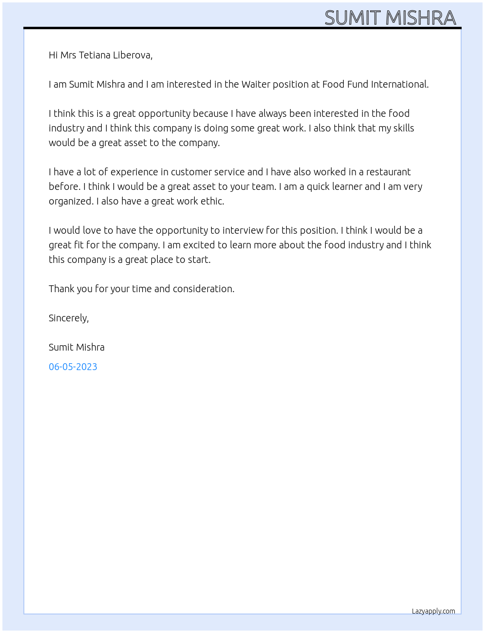 Waiters At Food fund International Cover Letter