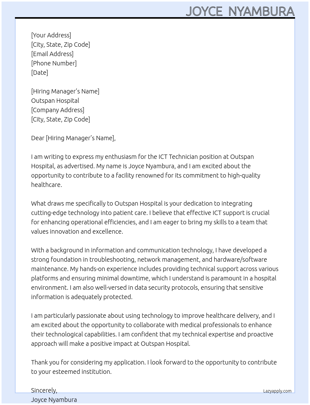 ict technician At outspan hospital Cover Letter