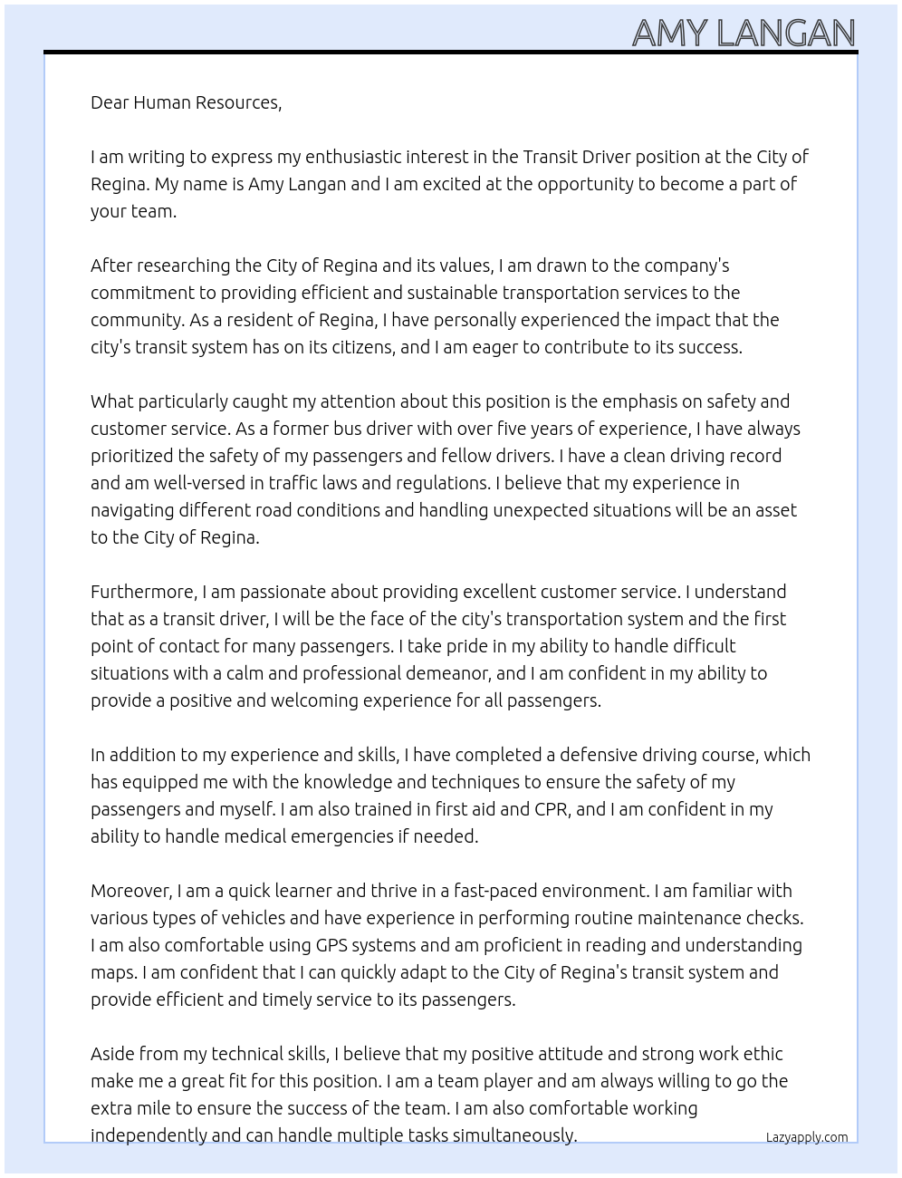 Transit driver  At City of regina  Cover Letter