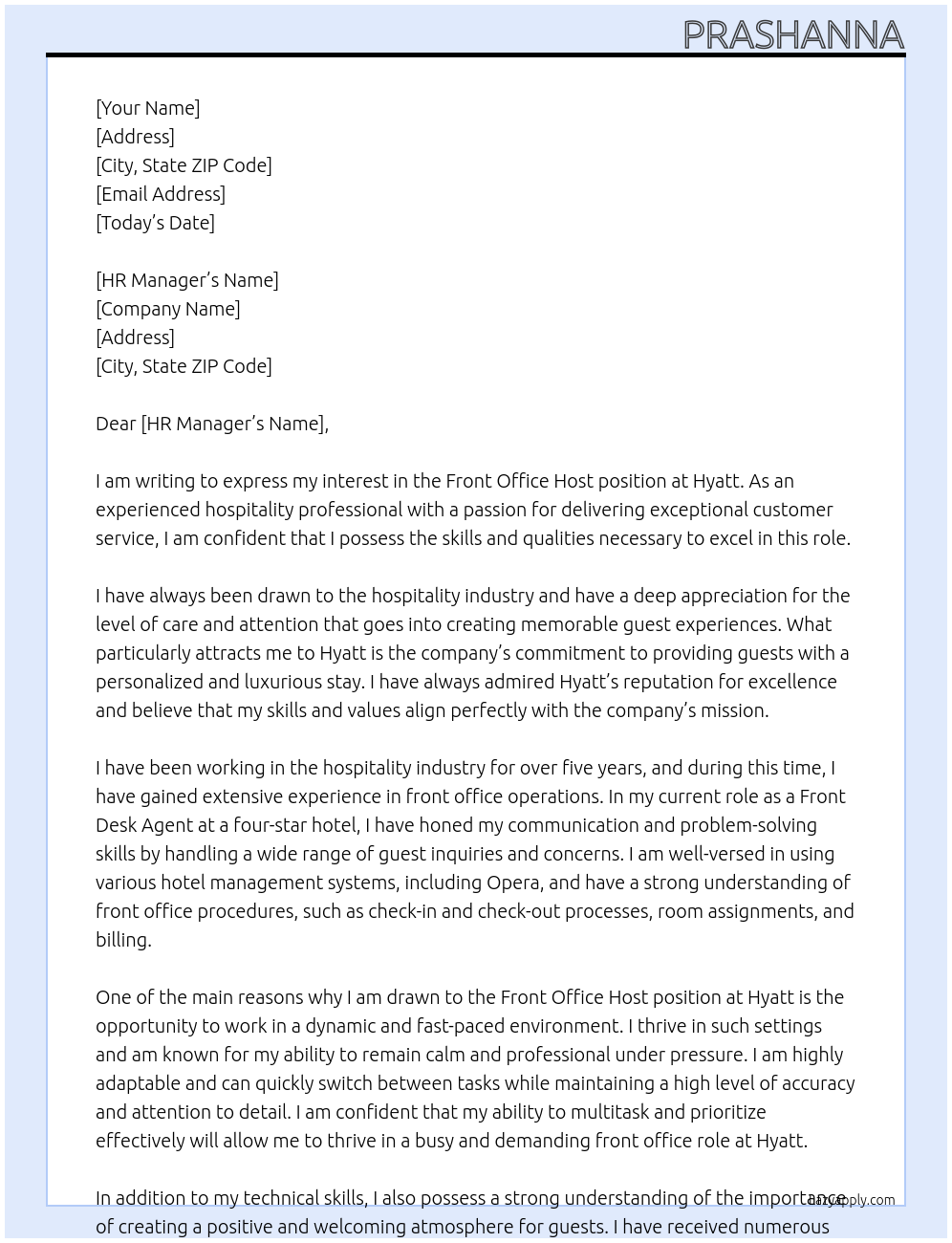Front office host At Hyatt  Cover Letter