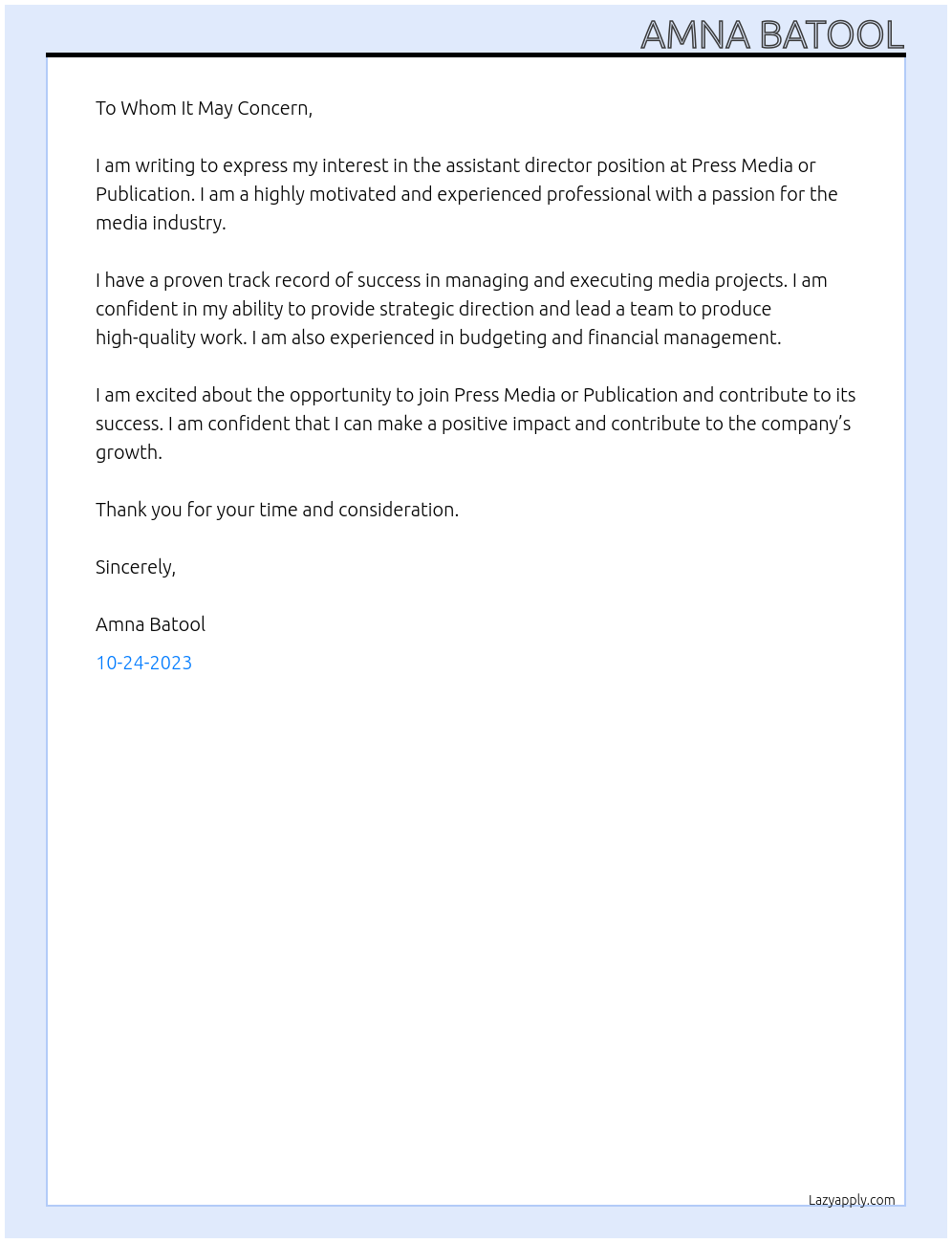 assistant director At press media or publication Cover Letter