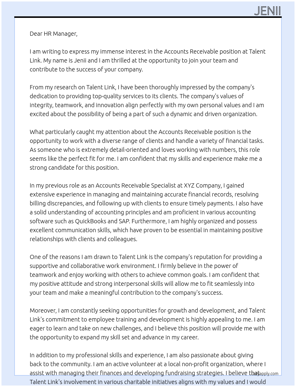 Accounts receivable At Talent link Cover Letter