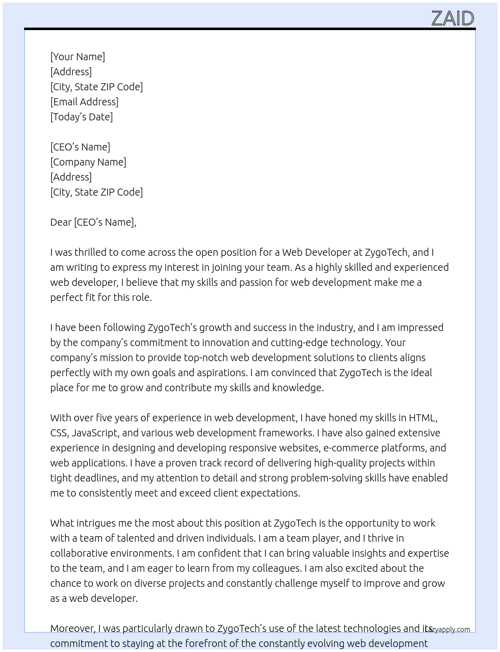Web development At ZygoTech Cover Letter