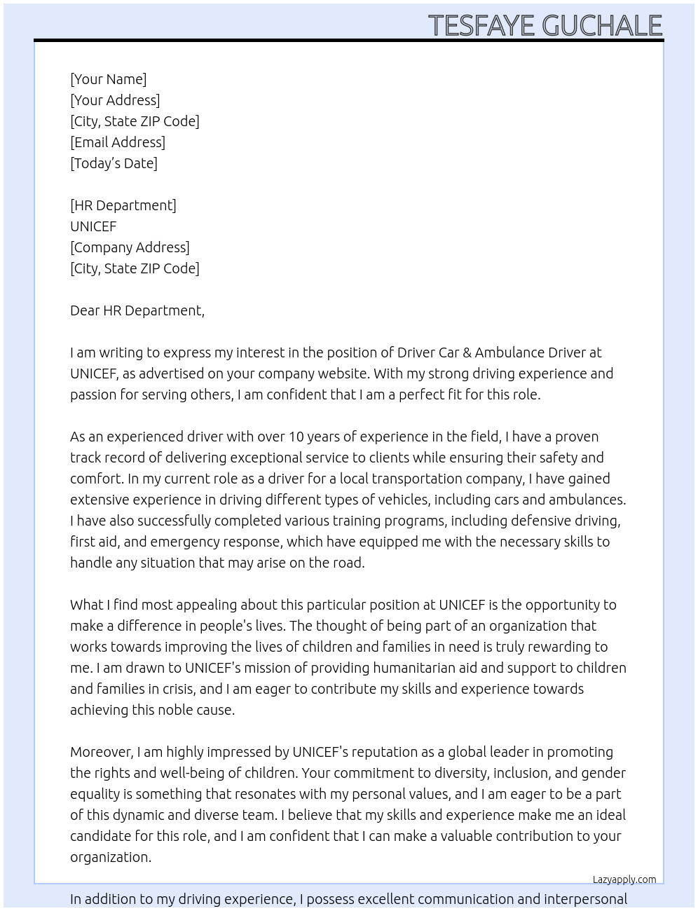 Driver Car & Ambulance Driver At UNICEF Cover Letter