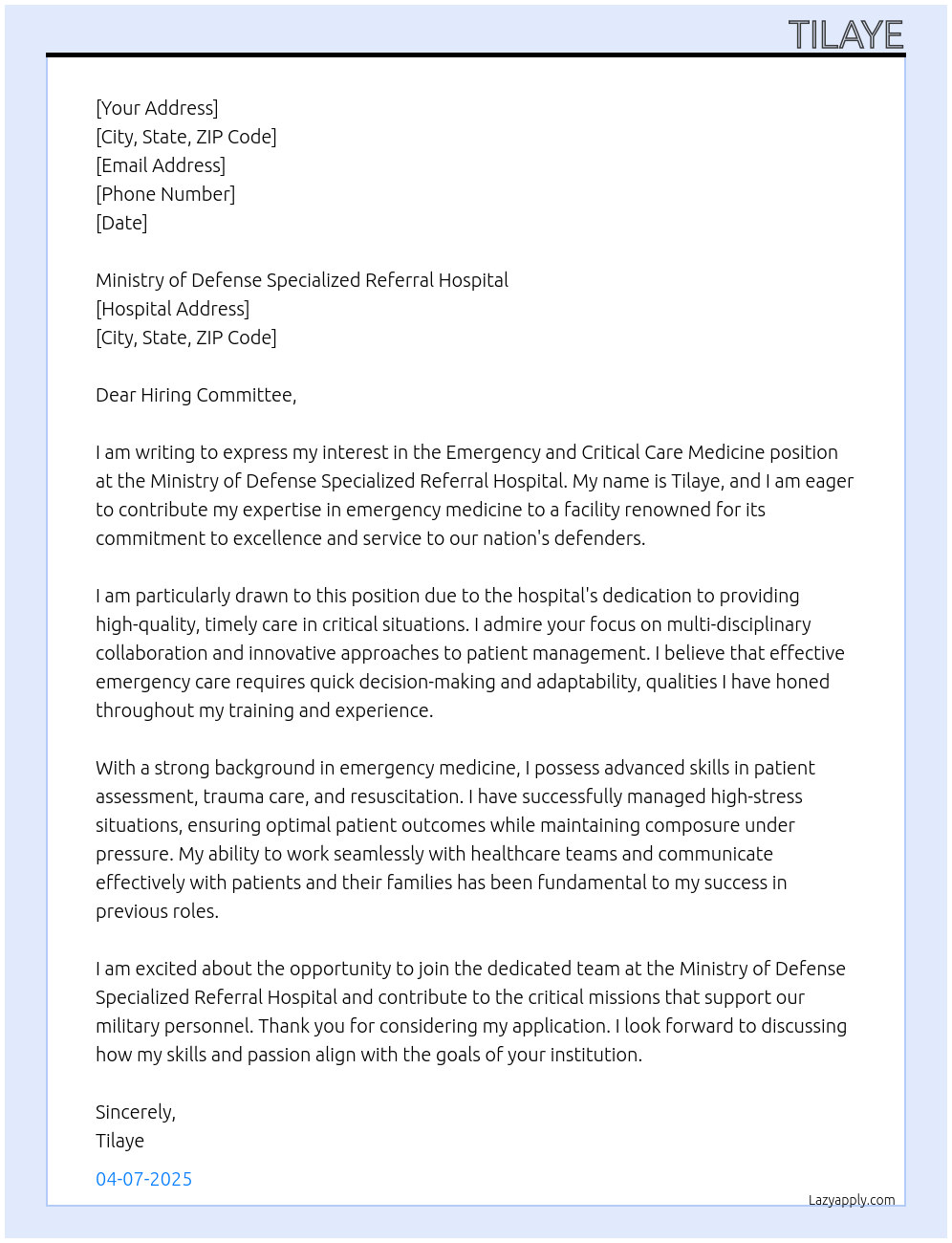 Emergency and critical care medicine  At Tadesse Cover Letter