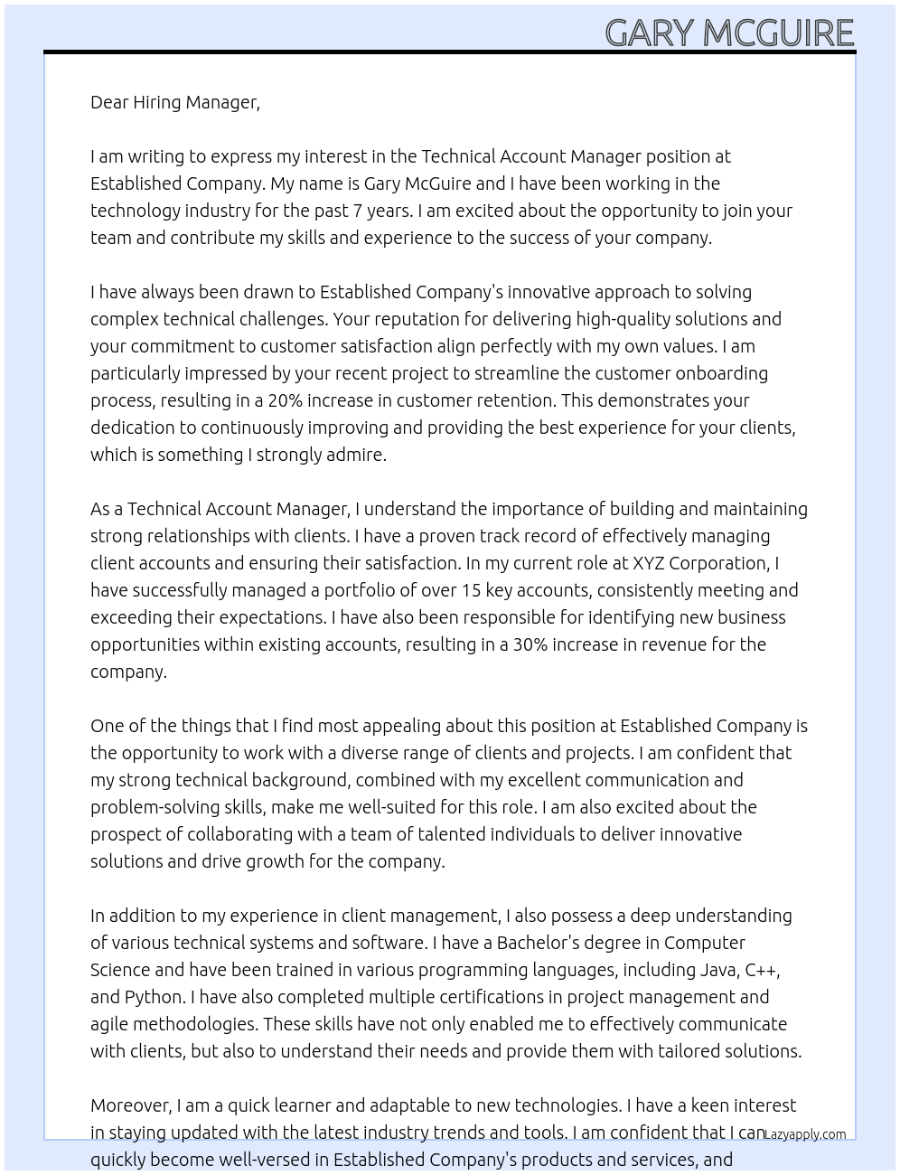 Technical Account Manager At Established company Cover Letter