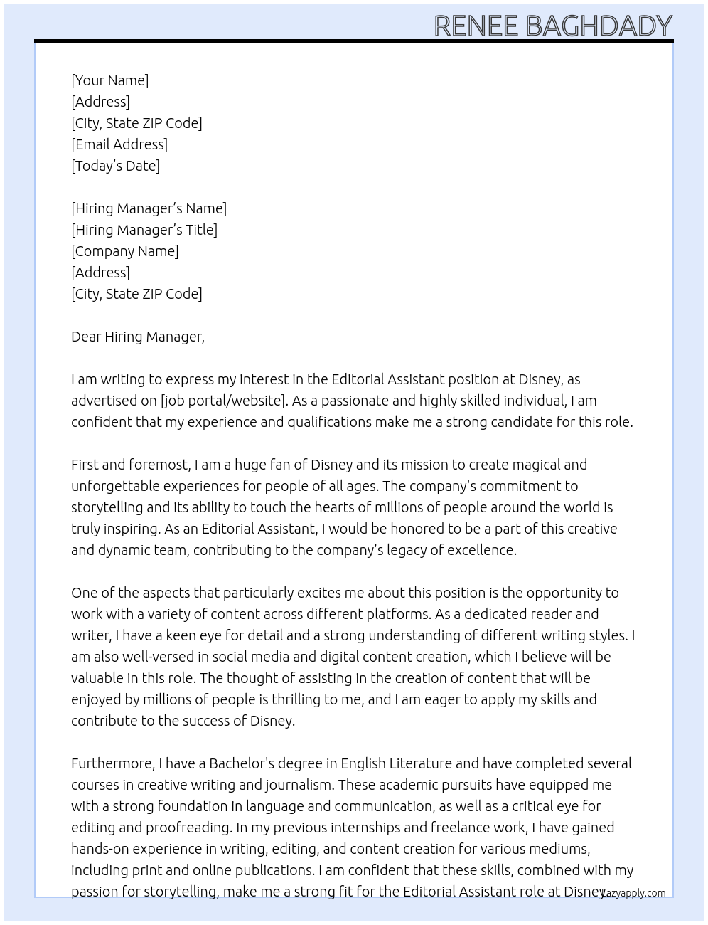 Editorial Assistant At Disney Cover Letter