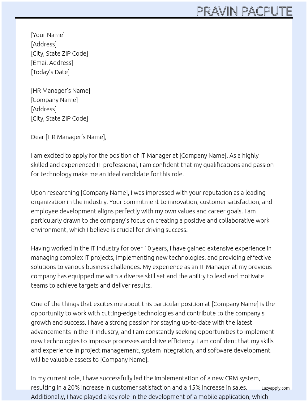 IT Manager At . Cover Letter