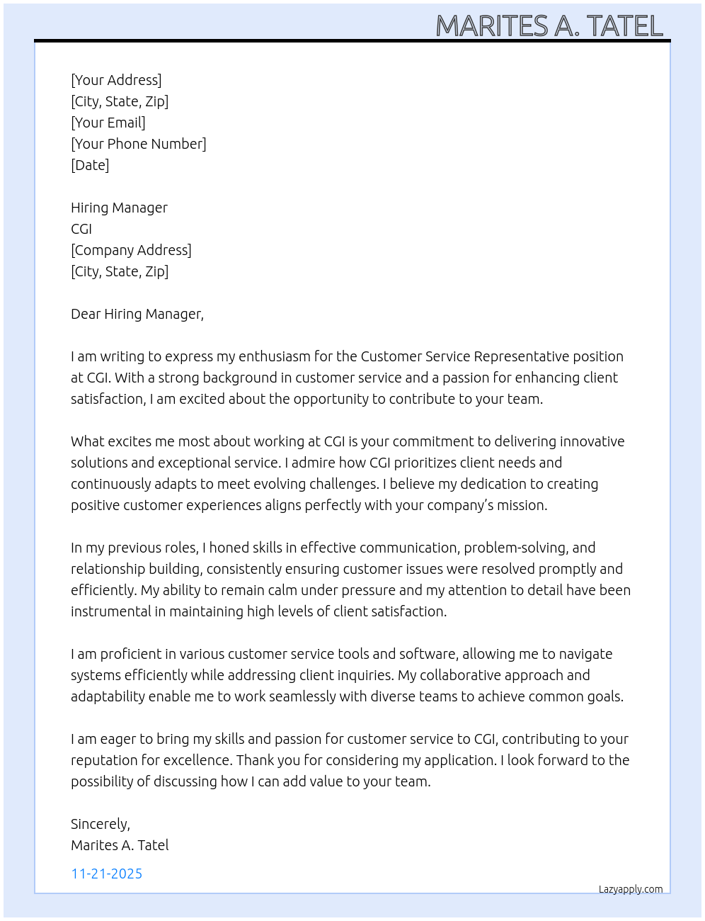 Customer Service Representative  At CGI Cover Letter