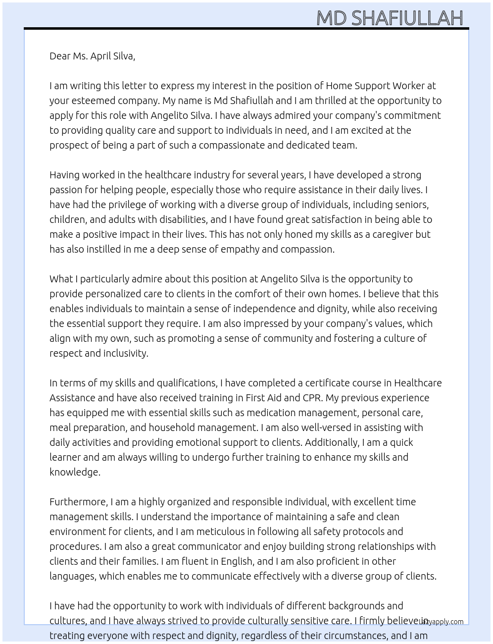Home support worker At April silva Cover Letter