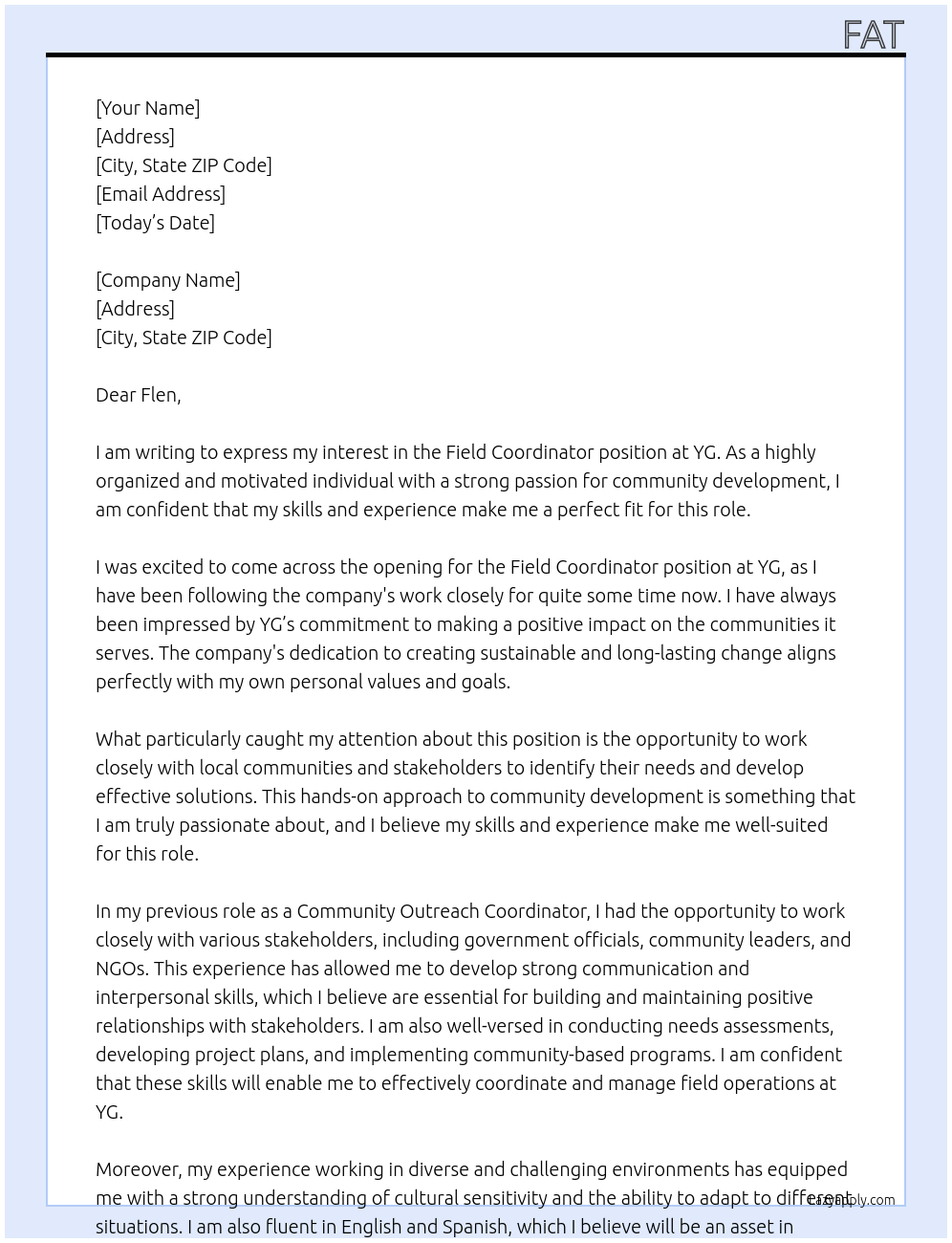 Field coordinator At YG Cover Letter