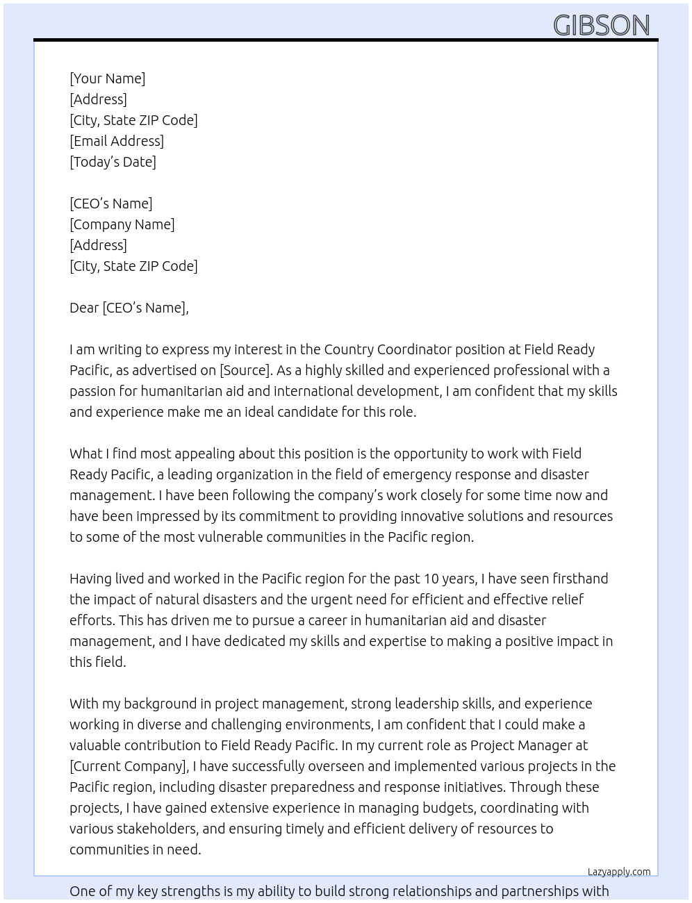 Country coordinator At Field Ready Pacific Cover Letter