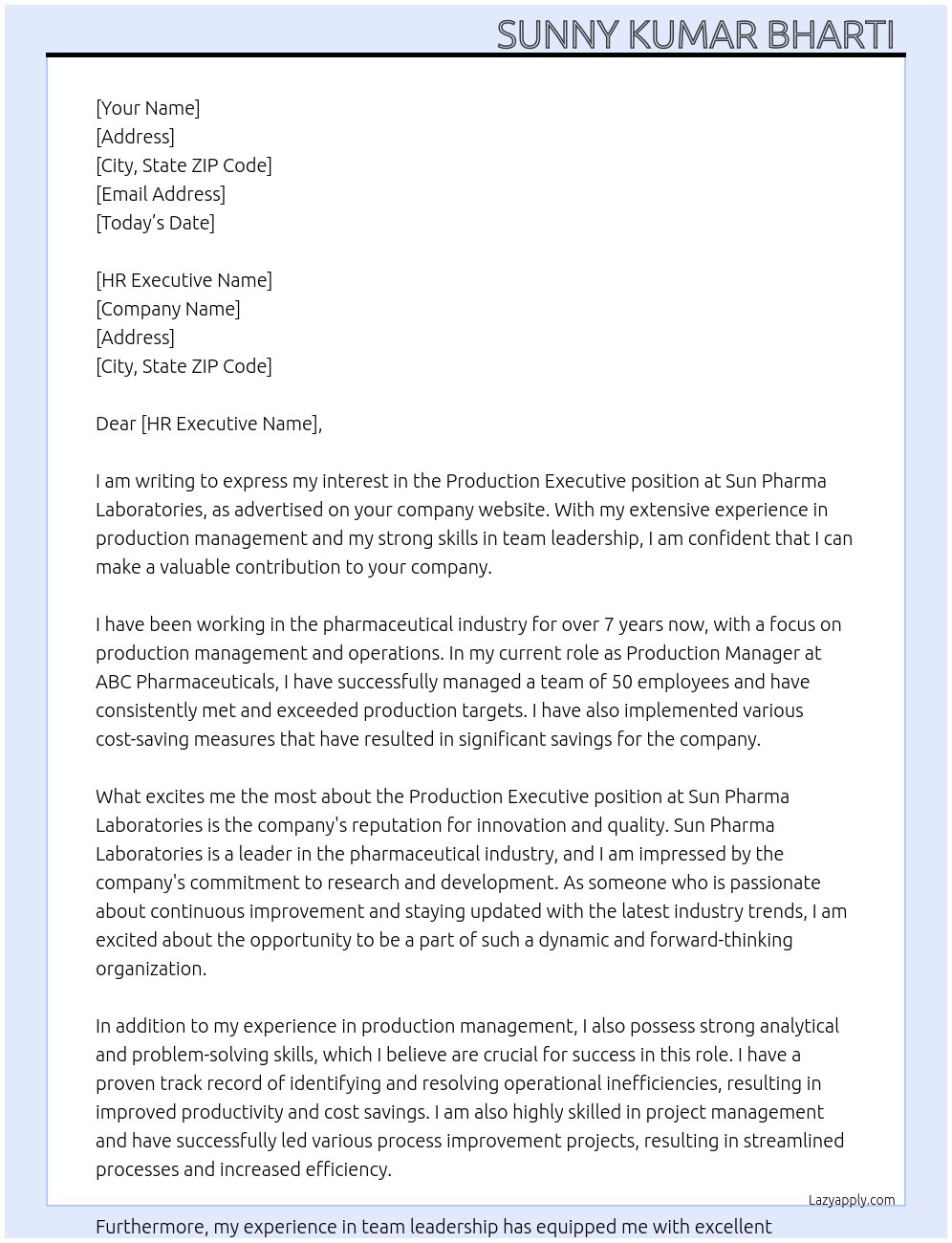 Production executive At Sun pharma laboratories Cover Letter
