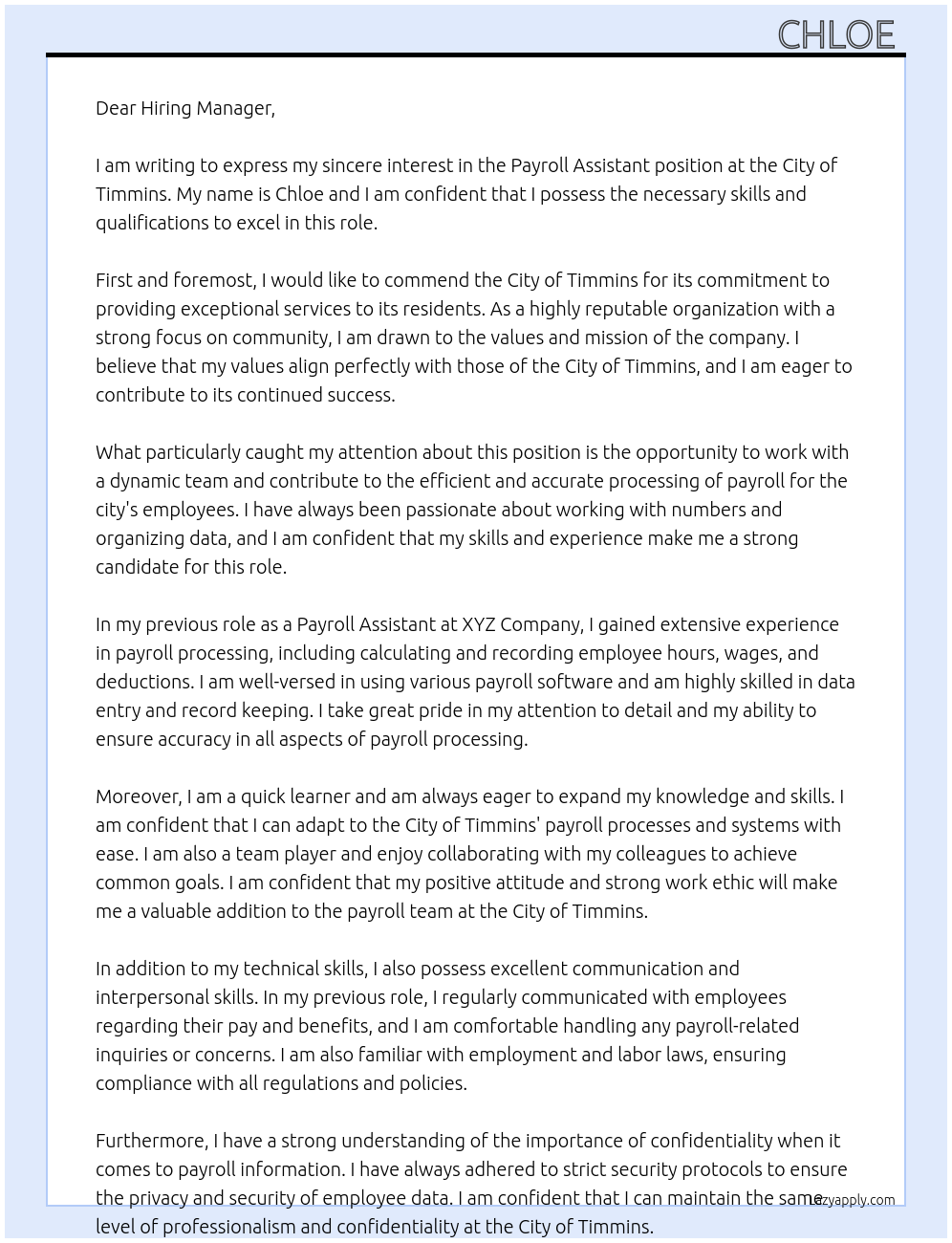 payroll assistant At city of timmins Cover Letter