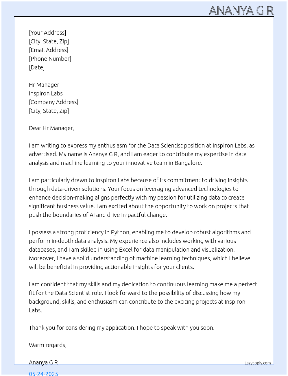 Data Scientist At Inspiron Labs Cover Letter