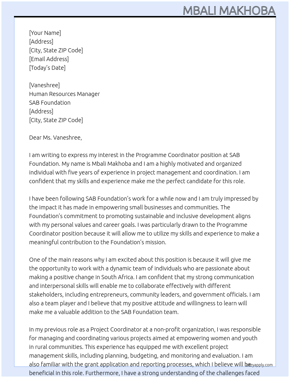 Programme Coordinator At SAB Foundation Cover Letter