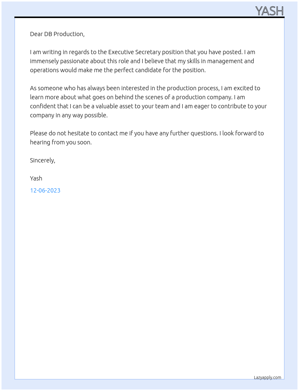 Executive secretary  At DB production  Cover Letter