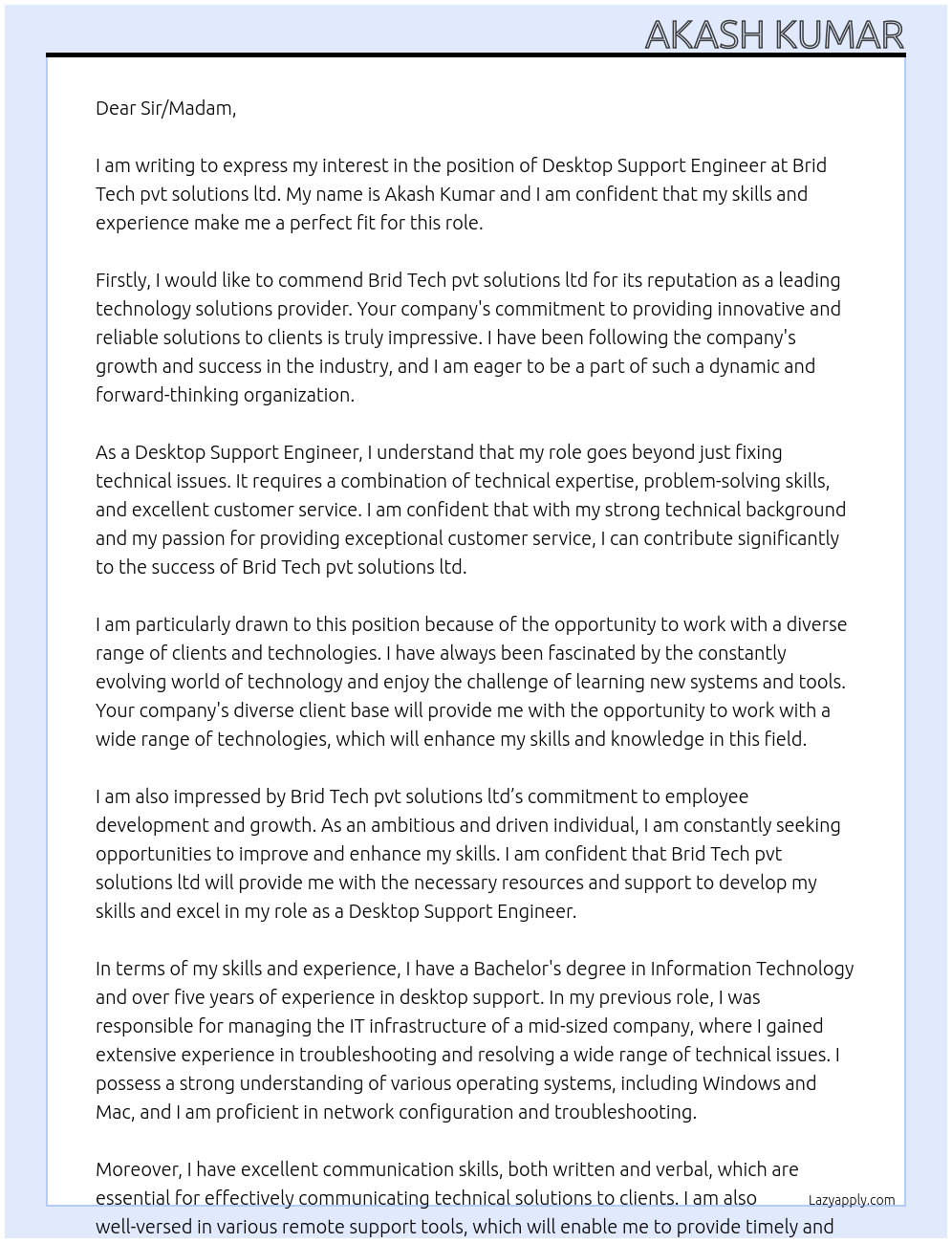 Desktop Support Engineer At Brid Tech pvt solutions ltd Cover Letter