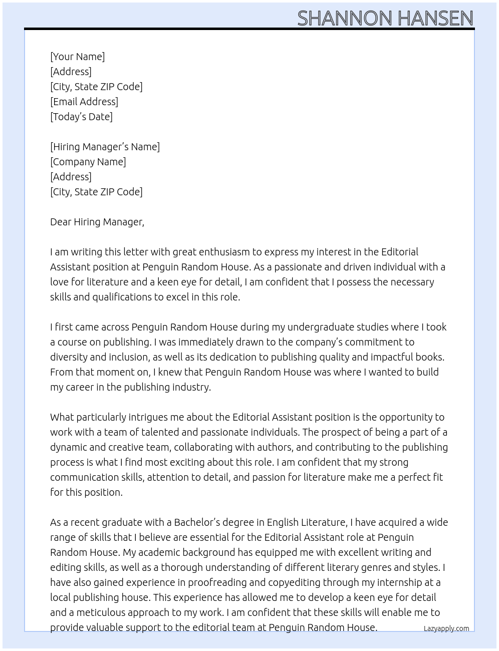 editorial assistant At Penguin Randon House  Cover Letter