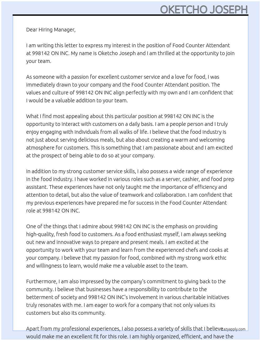 Food counter attendant  At 998142 ON INC  Cover Letter