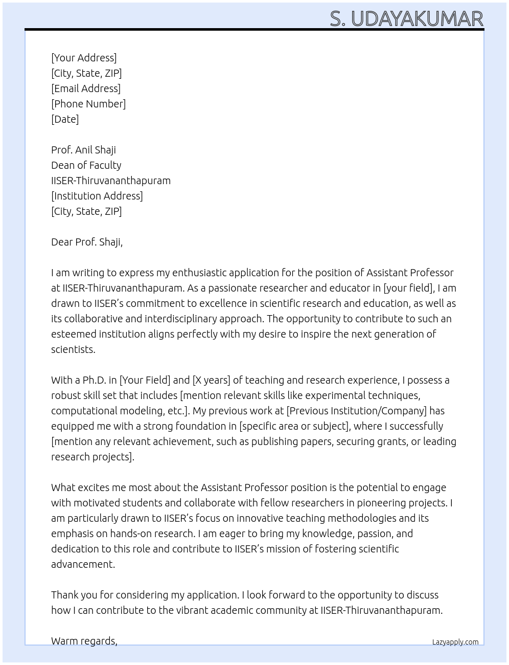 Cover letter for assistant professor - LazyApply