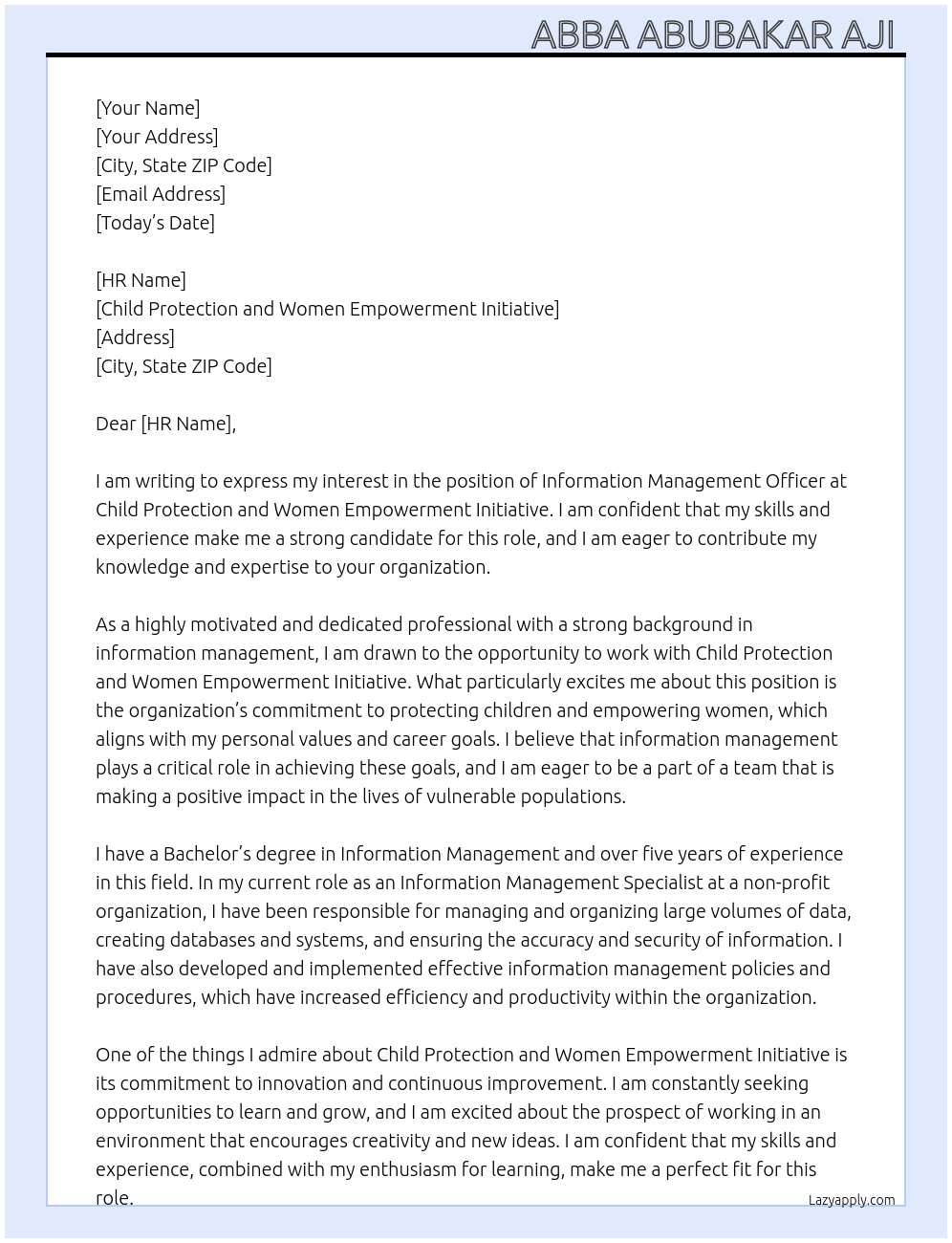 Information management officer At Child protection and women empowerment initiative Cover Letter