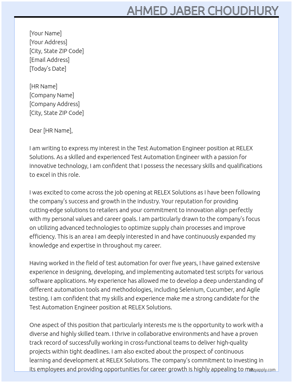 Test automation Engineer At RELEX Solitions Cover Letter