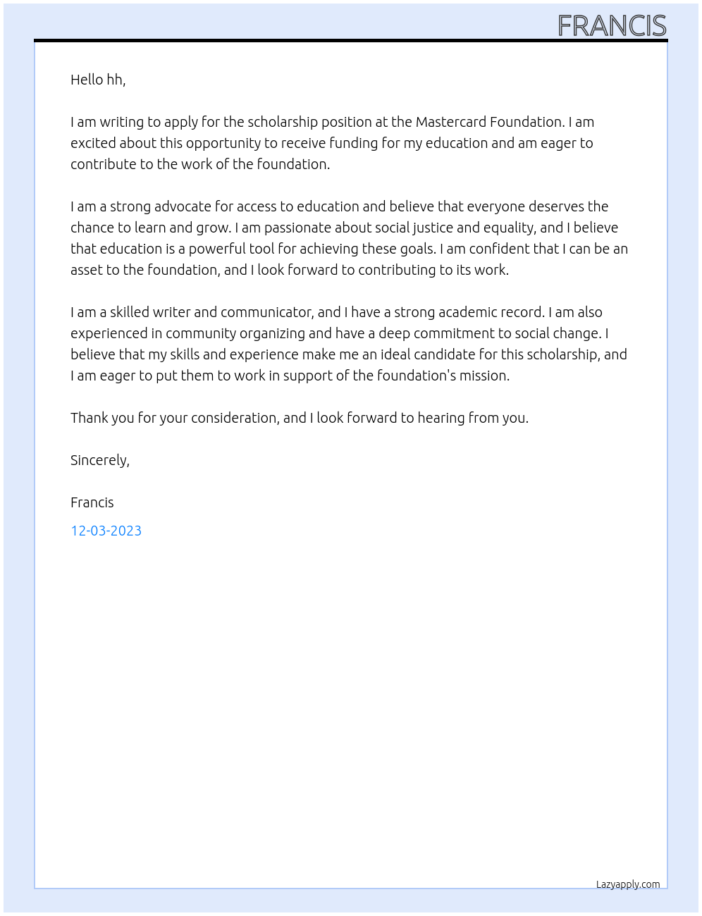 scholarship At mastercard ffoundation Cover Letter