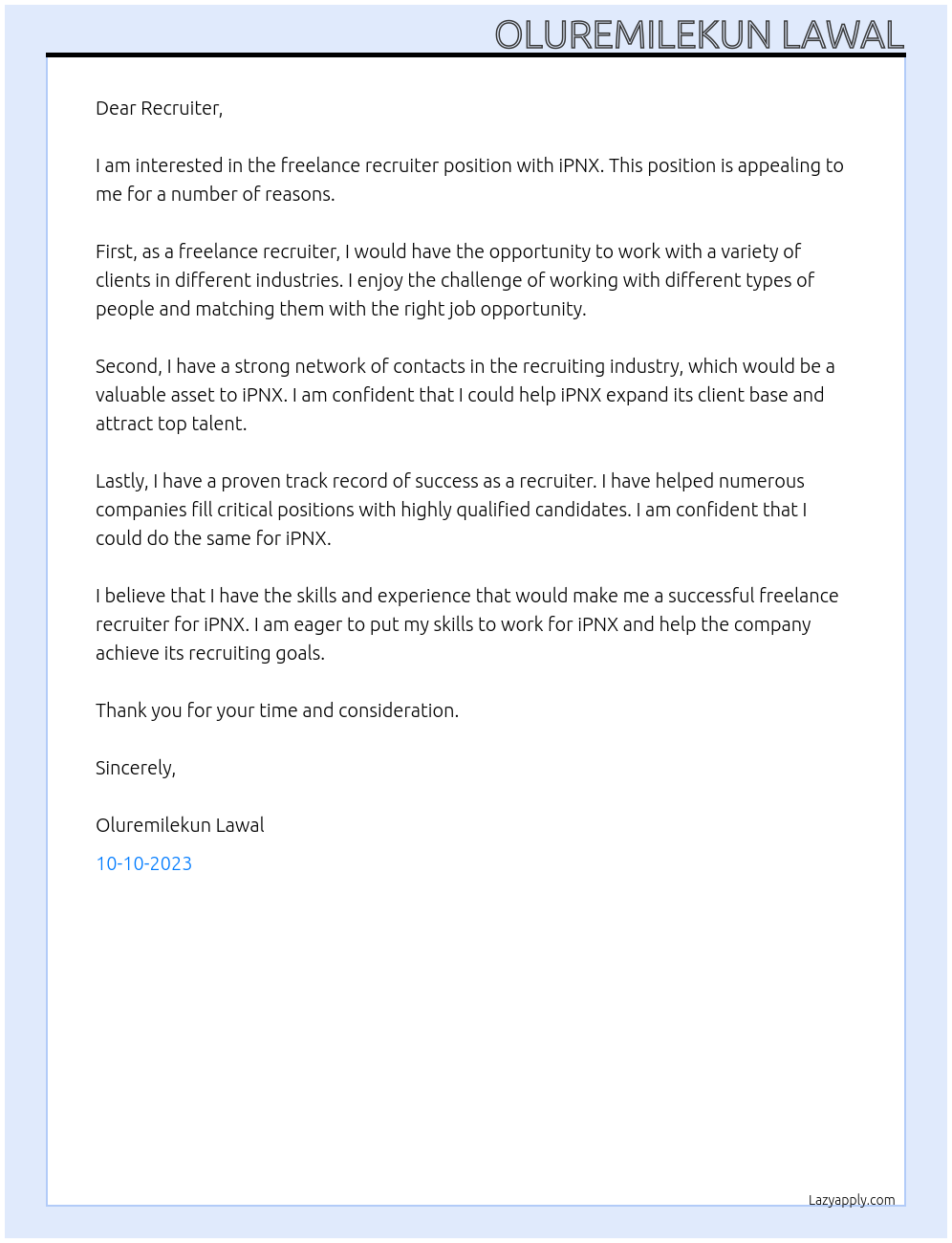 Freelance Recruiter At iPNX Cover Letter