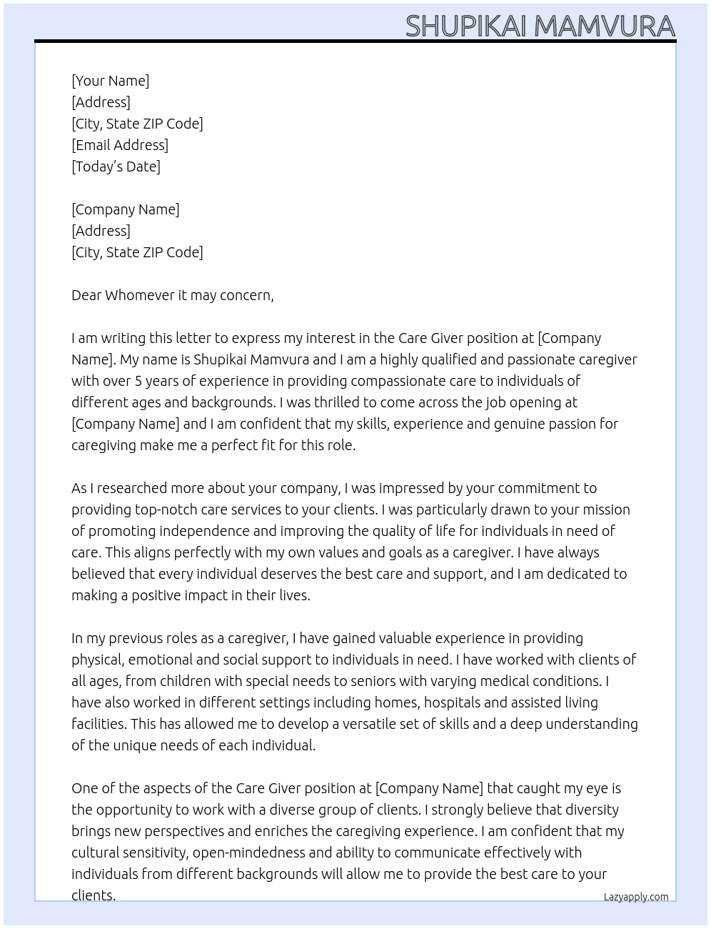 care giver At any Cover Letter