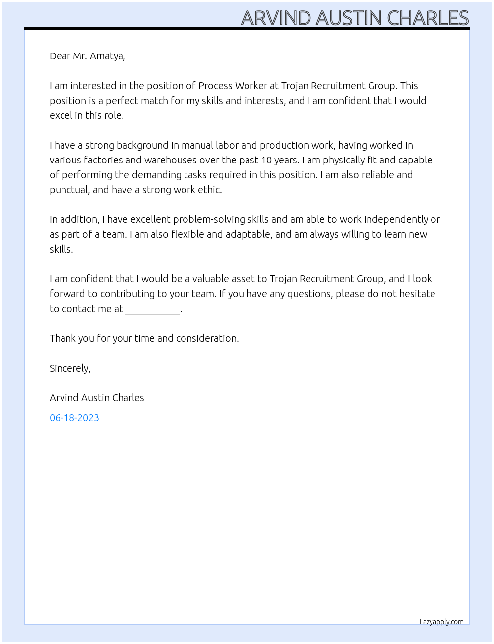 Process Worker At Trojan Recruitment Group Cover Letter